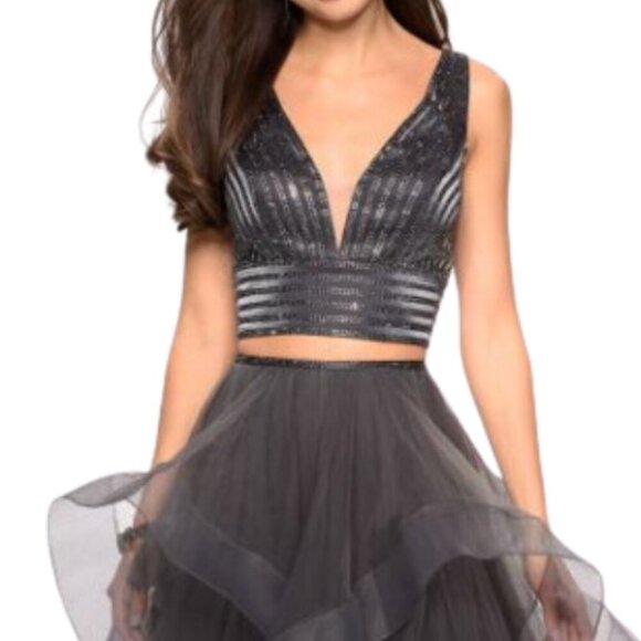 NWT La Femme 27445SC Tulle Prom Dress Charcoal Size 14 - Picture 3 of 7